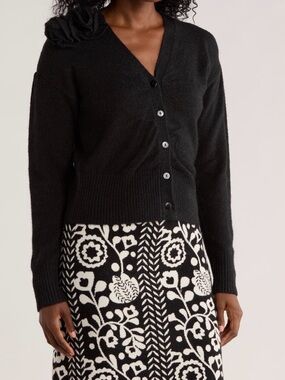 Elie Tahari Black V-Neck Button Cardigan with Shoulder Rosette